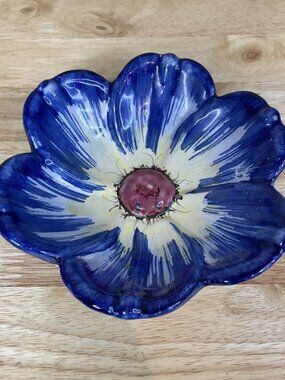 Vintage Italy Hand Painted Pansy Flower Ceramic Bowl Blue White Red 6”